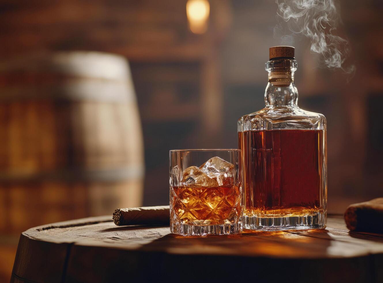 Whiskey glass with gentleman, smoking cigar near wooden barrel in dimly lit cellar setting photo