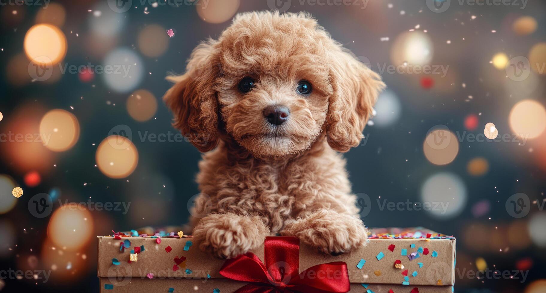 Cute toy poodle puppy happily emerging from a cardboard box while colorful confetti rains down, celebrating a special occasion photo