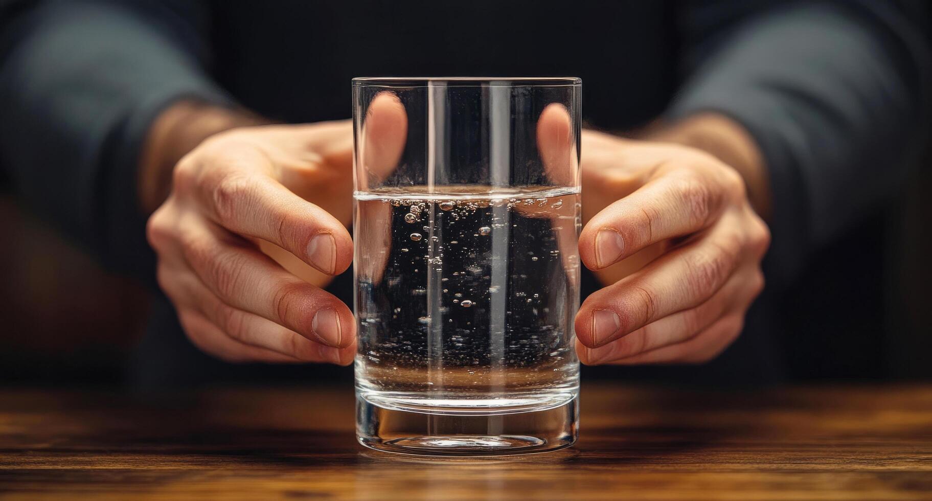 close-up of a man's hands carefully holding a glass of sparkling water on a wooden table highlights the transparency and freshness of the drink. photo