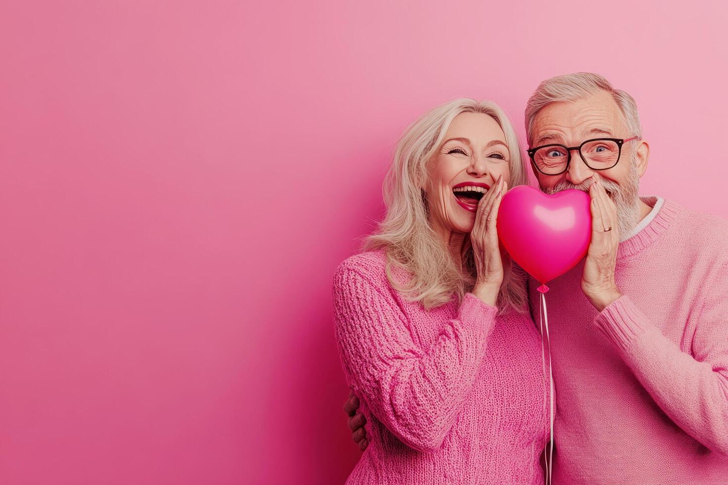 Smiling senior partners covering faces with heart-shaped balloon, radiating love during romantic celebration of enduring relationship photo