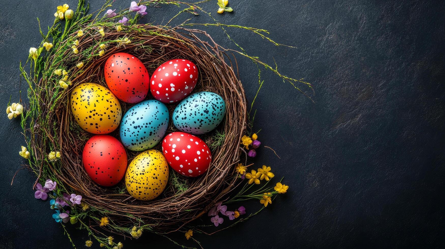 Pastel-colored easter eggs nestled in woven basket, surrounded by delicate spring blooms against dark rustic background photo