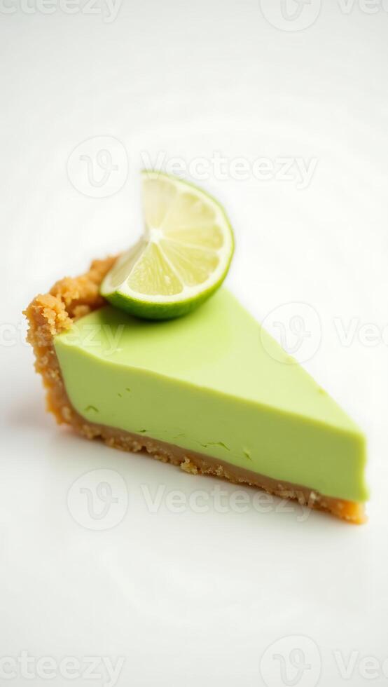 Closeup of a slice of creamy lime pie with a lemon wedge on a light surface photo