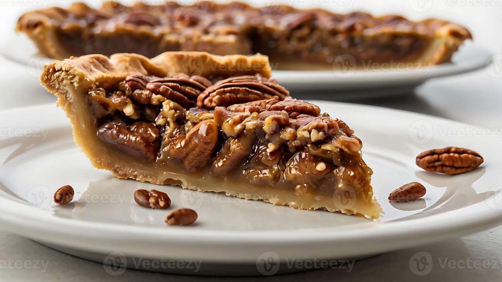 Closeup view of a slice of pecan pie showcasing its rich filling and crust photo
