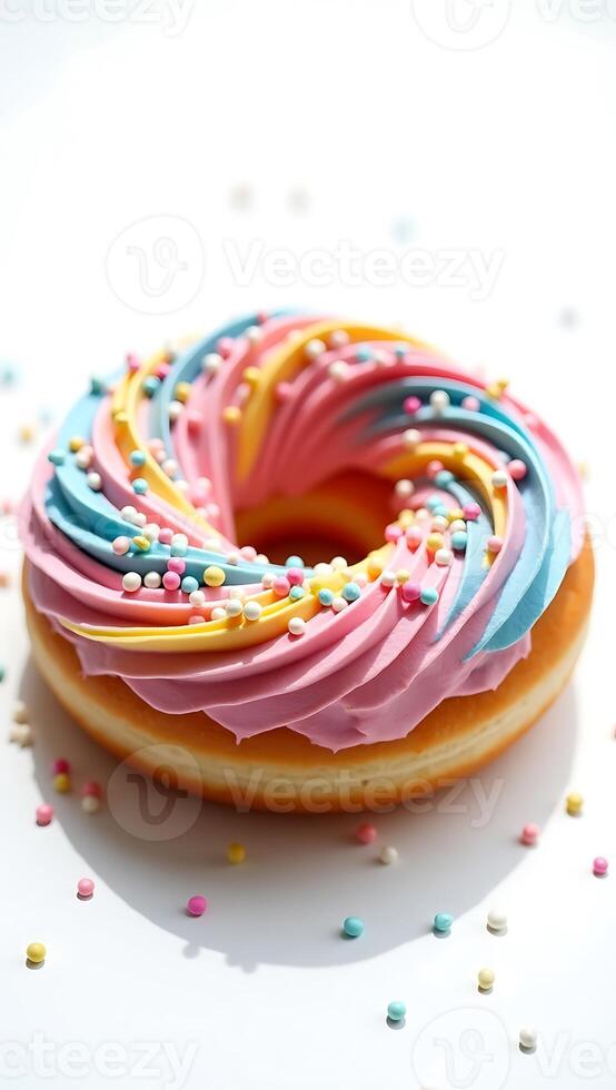 Colorful donut with swirls of frosting and sprinkles on a white surface photo