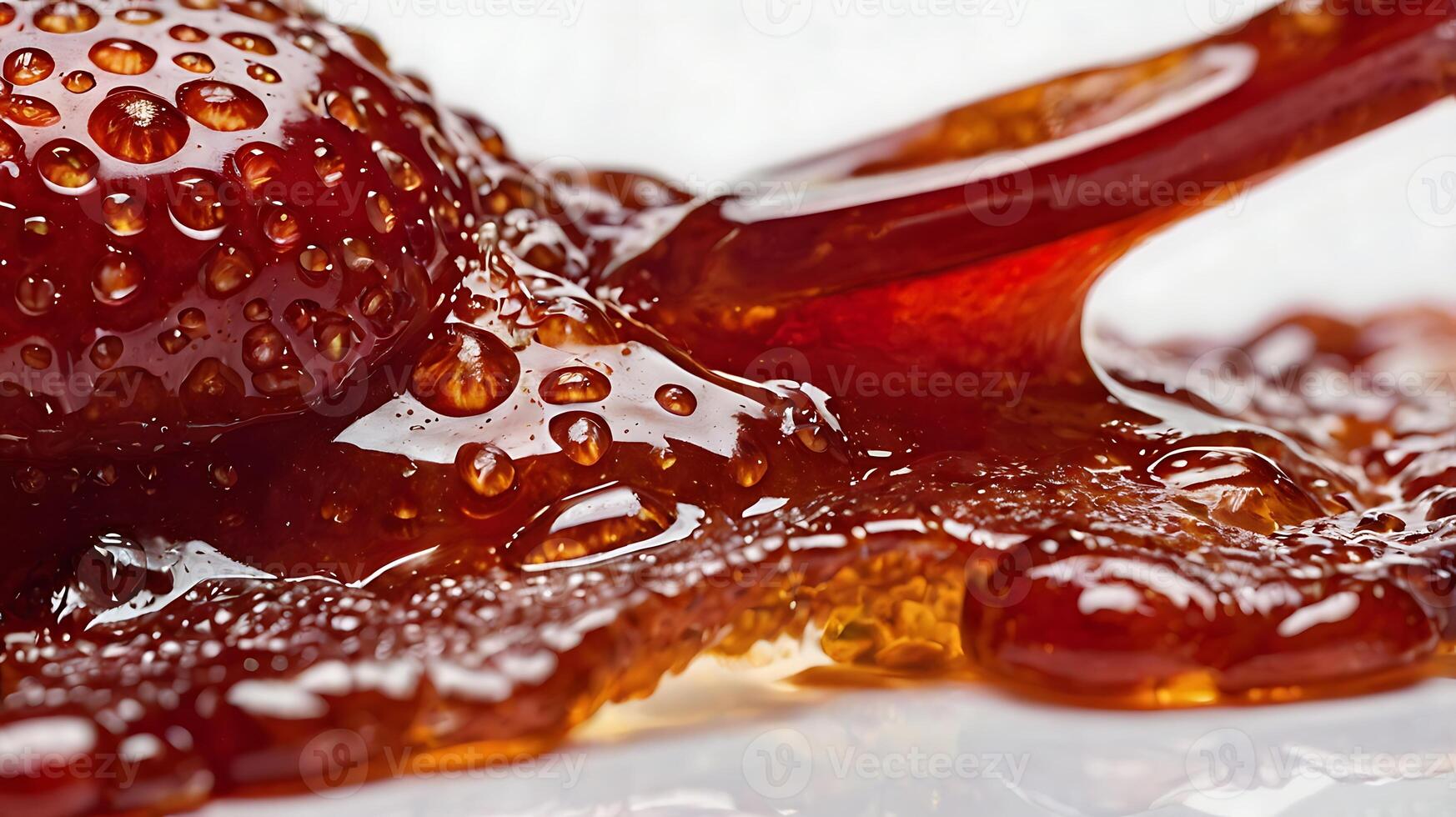 Closeup of a dollop of fresh strawberry preserves showing textures and shine photo