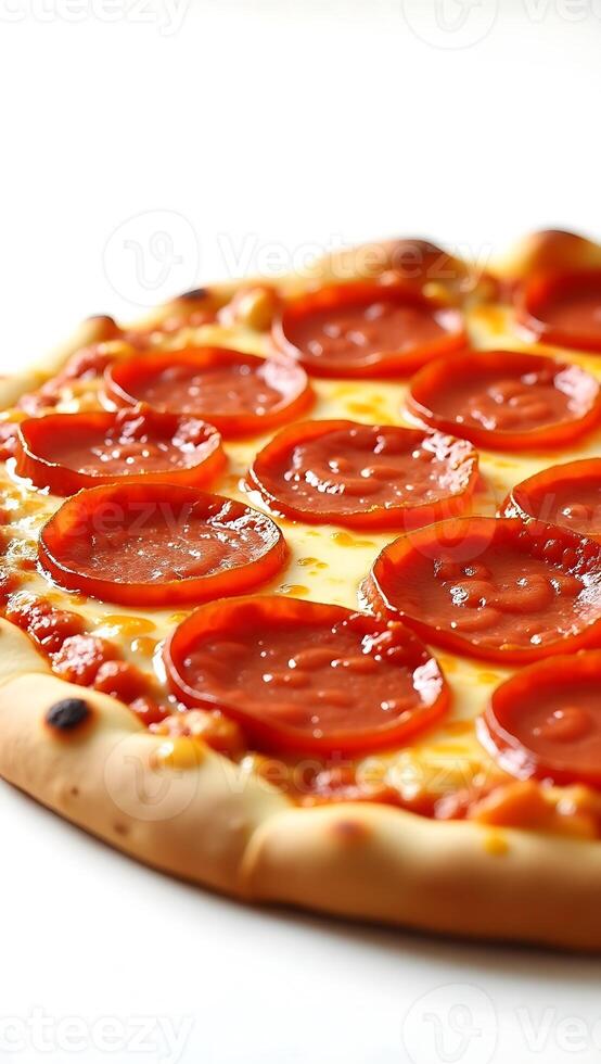 Closeup of a pepperoni pizza showcasing rich toppings and golden crust details photo