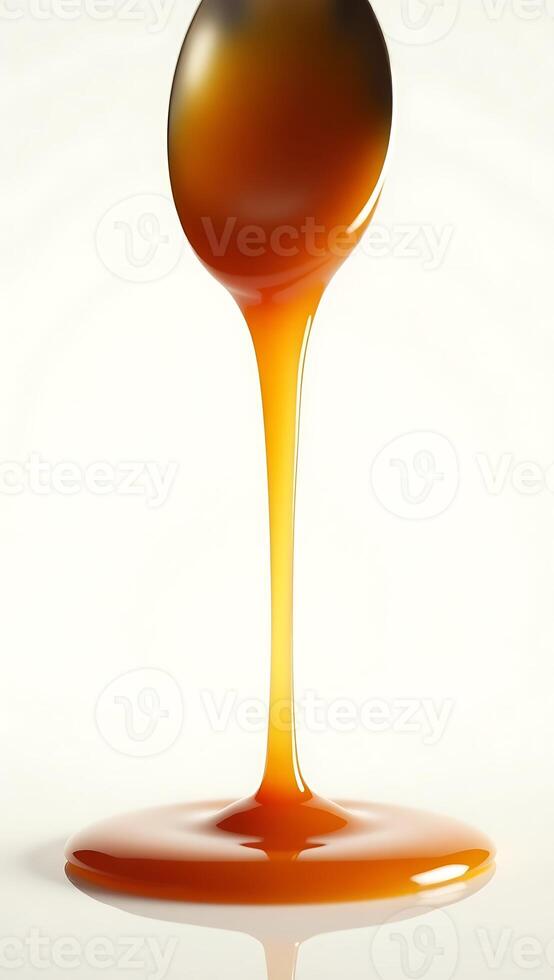 Golden syrup dripping from a spoon against a smooth surface photo