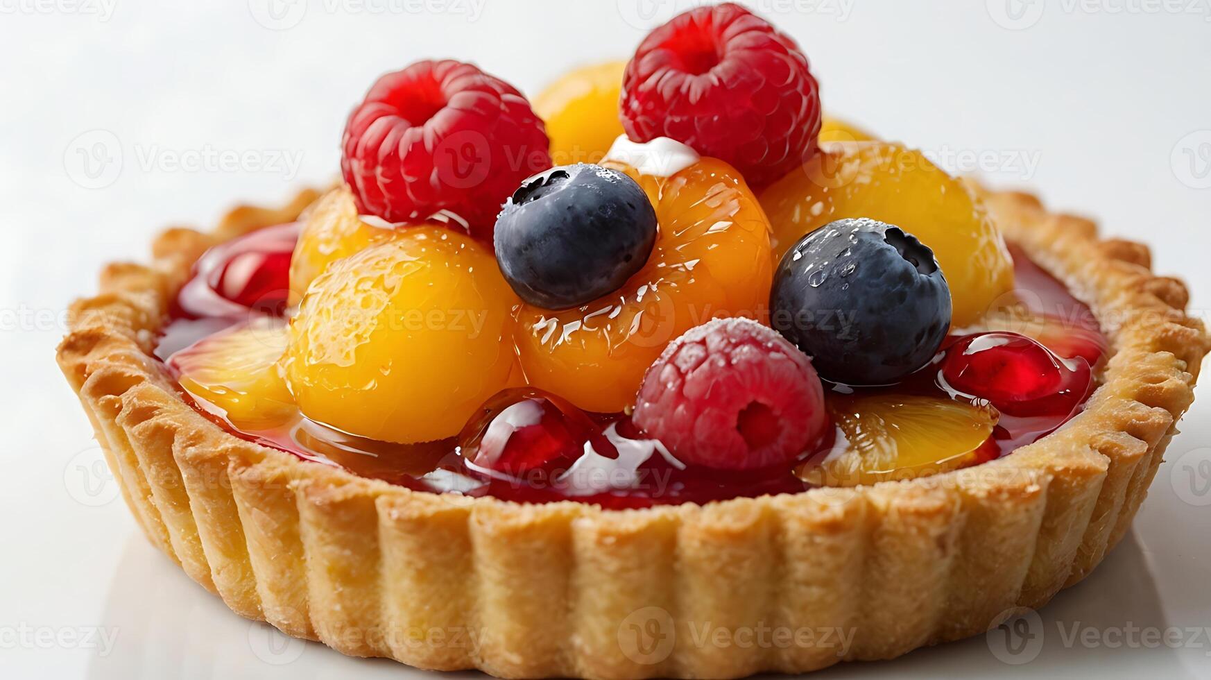 Closeup of a delicious fruit tart topped with berries and glazed fruit photo