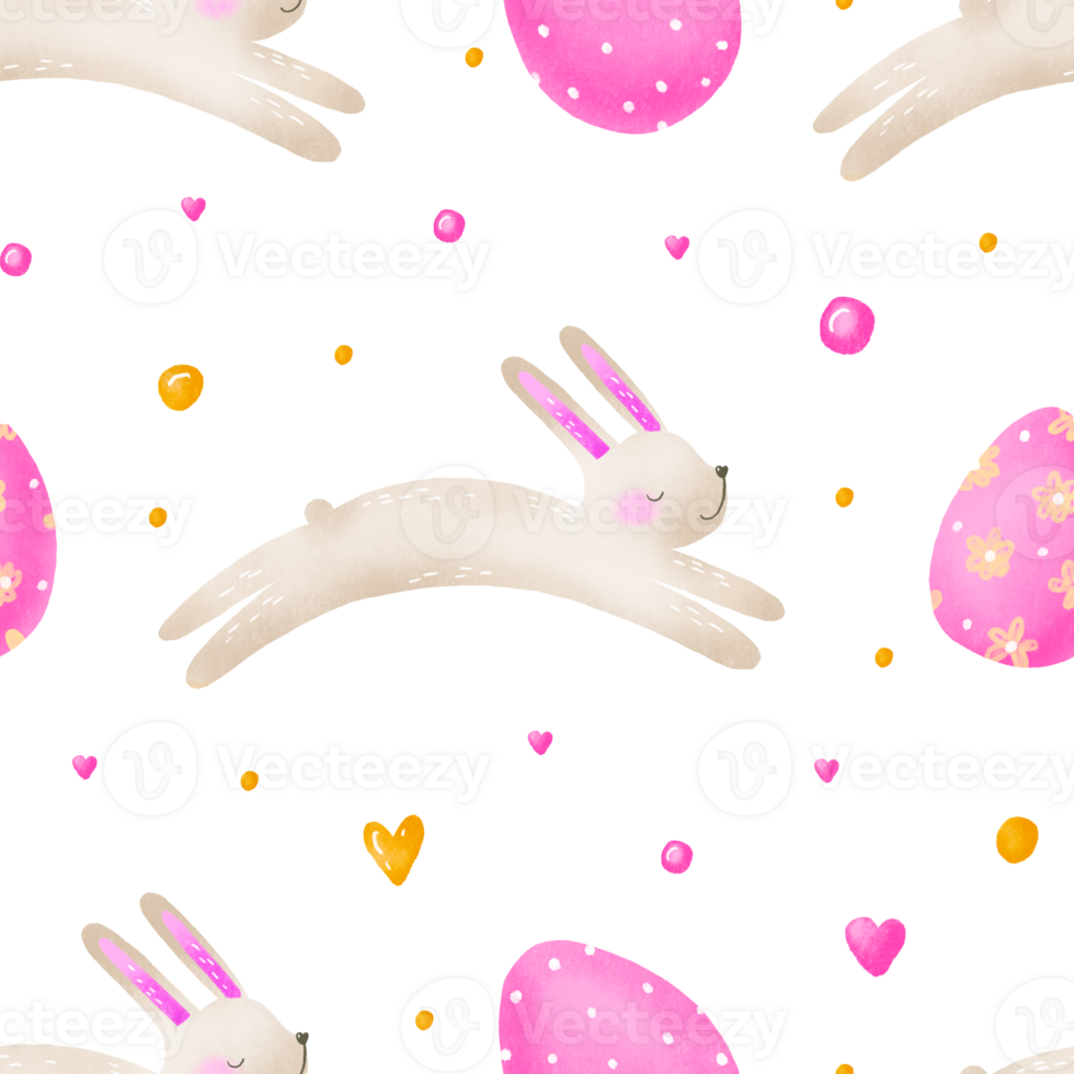 Easter bunny seamless pattern. Funny hare and easter eggs. Spring pattern hand drawn png