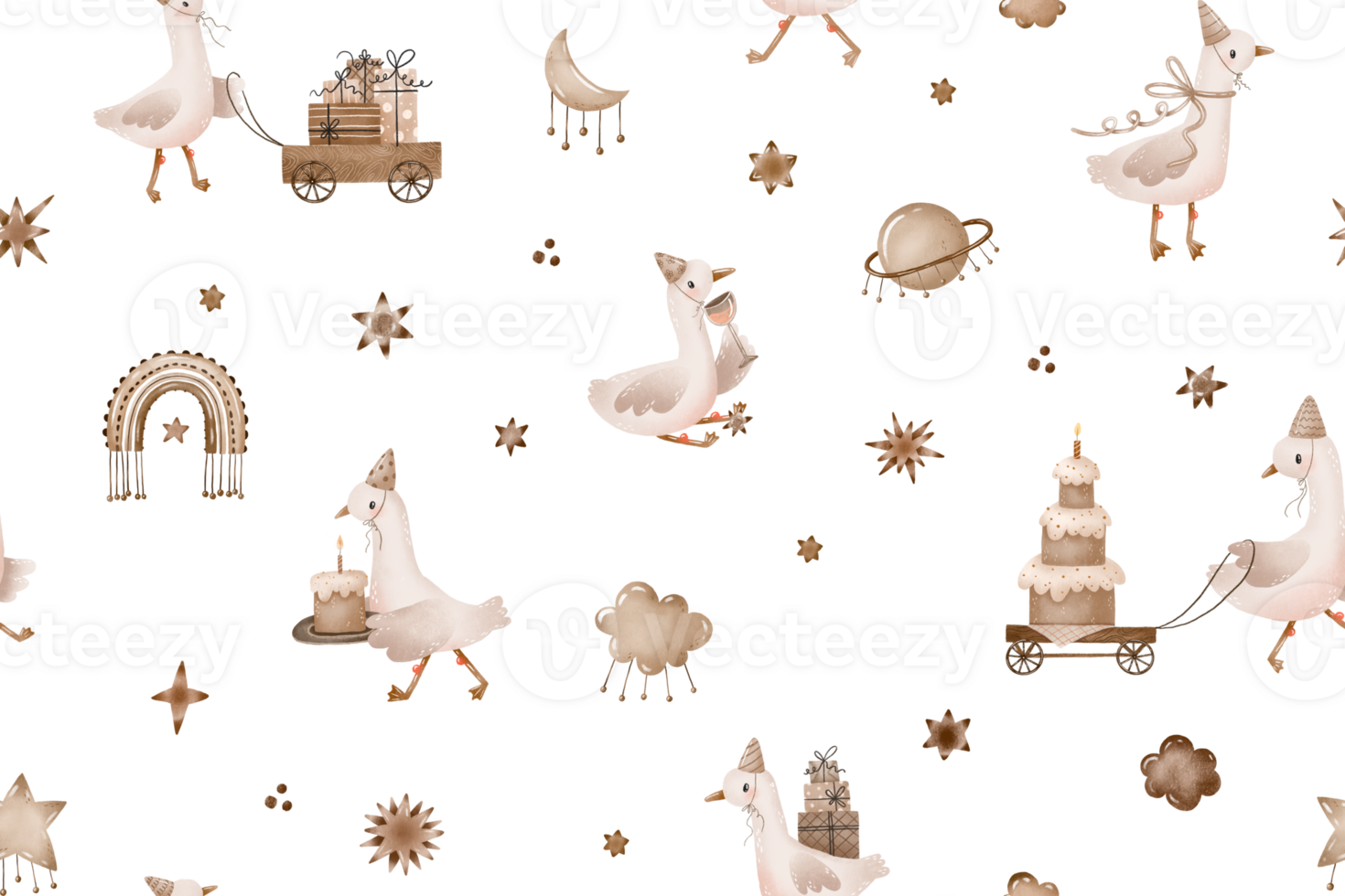 Hand drawn spring pattern with cute cartoon goose, duck, stars, clouds, rainbow. Hand drawn baby design for nursery, textile, clothing. Newborn baby. Seamless pattern png