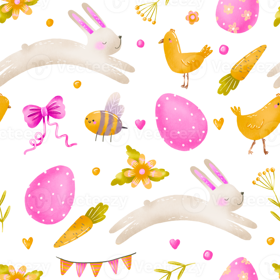 Easter background with bunnies, eggs, carrot, bee, bow. Hand drawn springtime april holidays pattern png