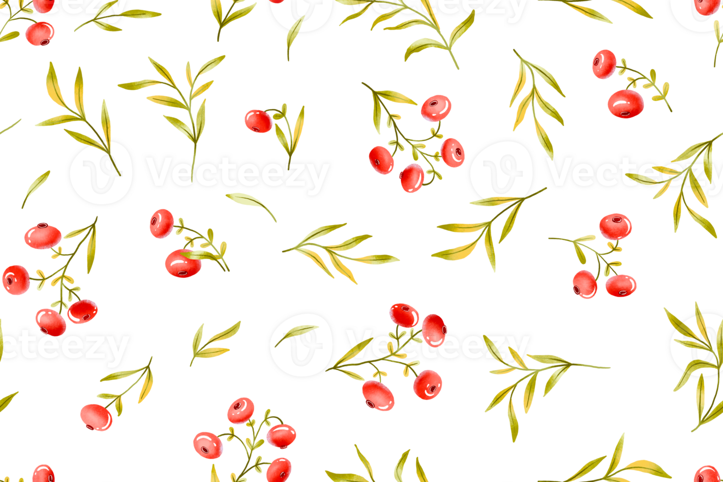 Red berries botanical seamless background. Spring set with berry and green leaves. Hand drawn. Endless pattern png