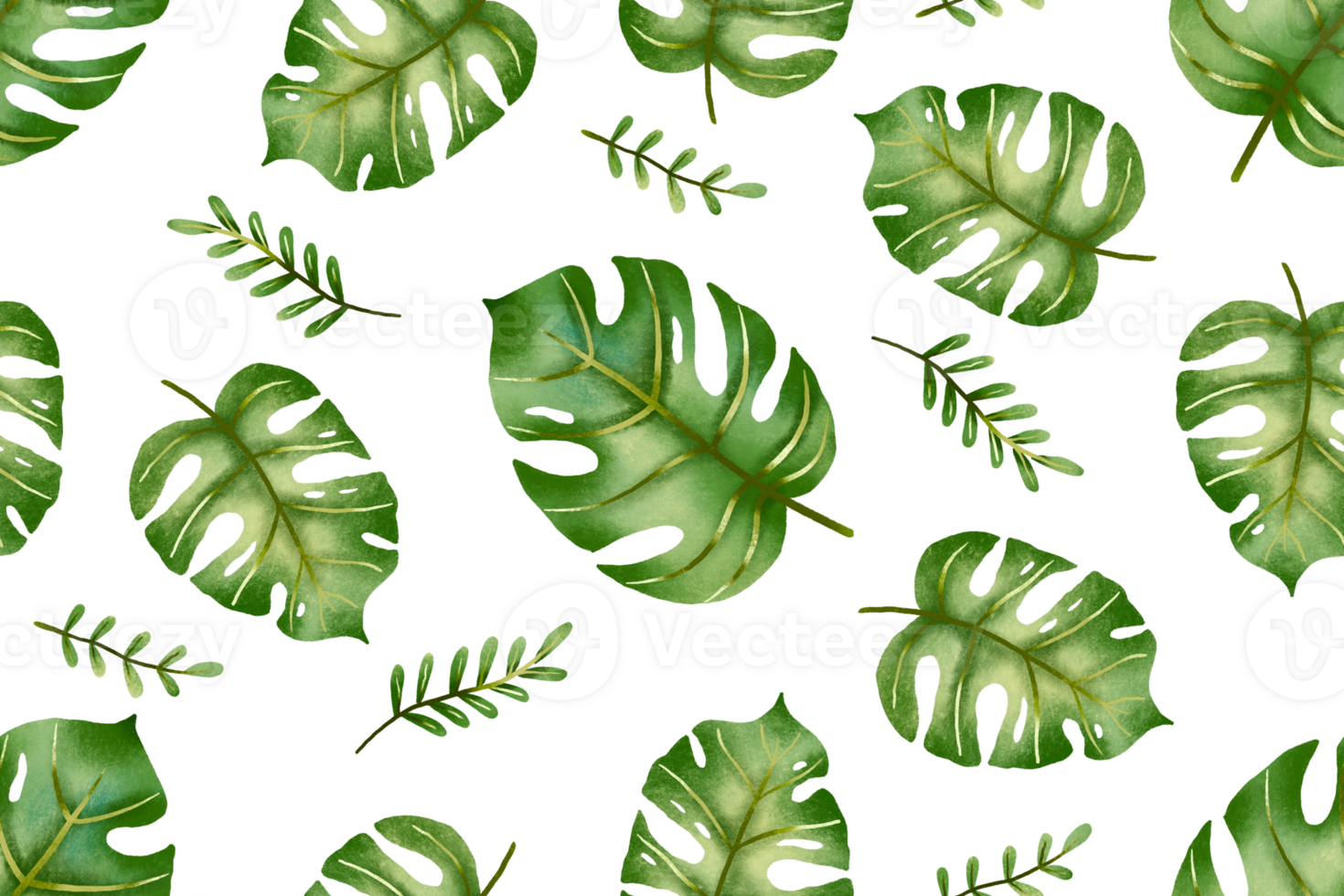 Monstera palm leaves seamless background. Jungle pattern. Hand drawn background exotic greenery foliage. Perfect for wrap, textile, ads, png