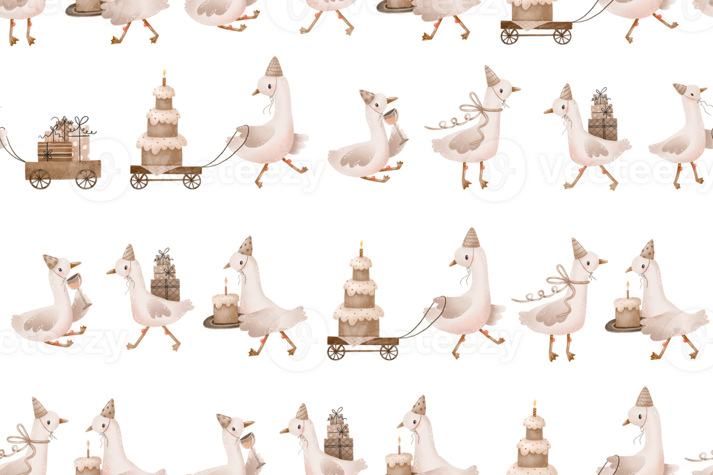 Hand drawn spring pattern with cute cartoon goose, duck. Geese pattern. Endless baby background. Hand drawn baby design for nursery, textile, clothing. Newborn baby. Seamless pattern png