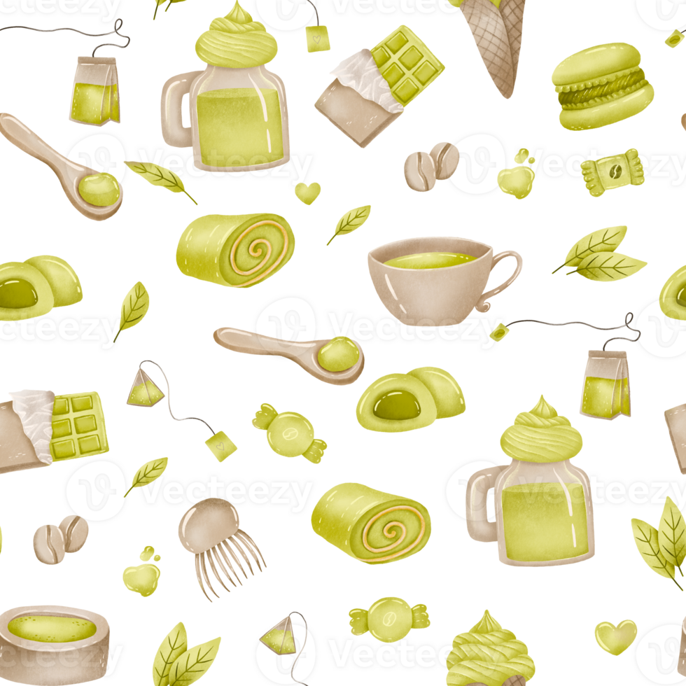 Green tea matcha drinks and tools Set of healthy beverage, matcha latte, ice cream, whisk, kettle, spoon, macaroon, mocci. Hand drawn illustration for marketing, package, ads png