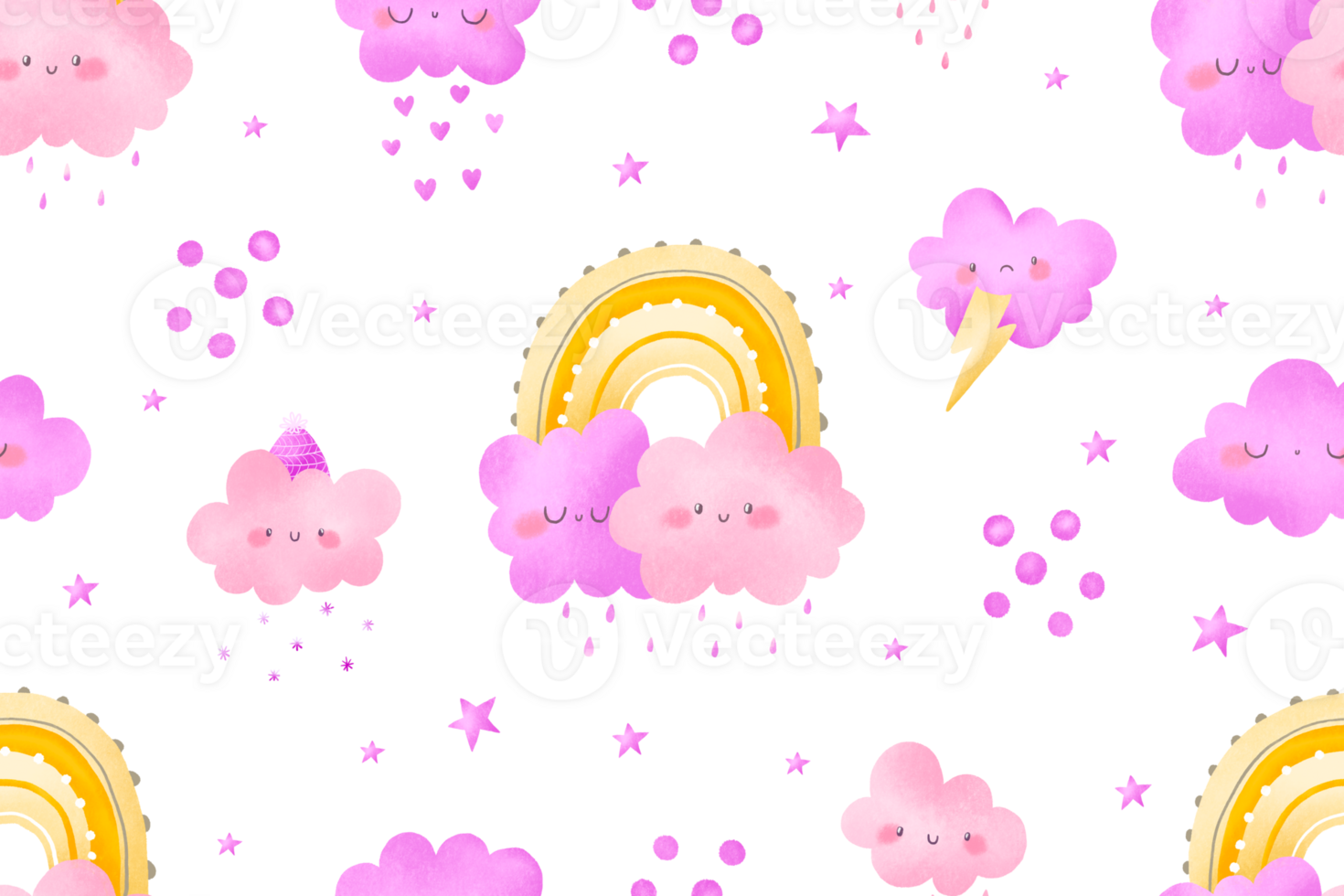 Girly pink seamless pattern with clouds. Dream background for baby girl. Hand drawn pattern png