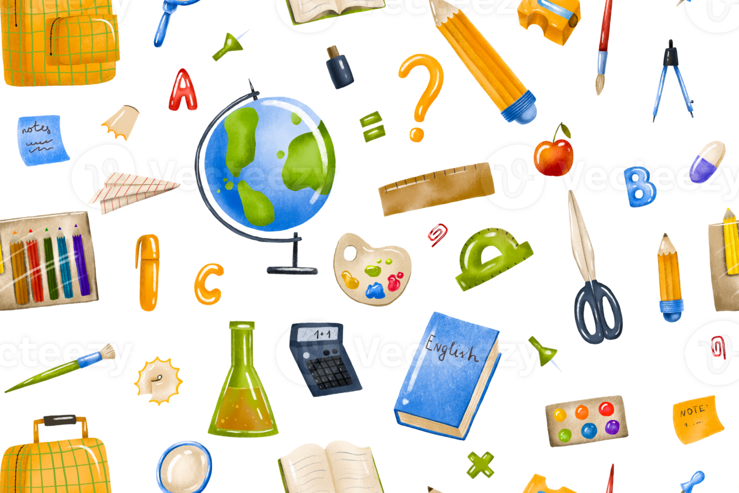 Back to school seamless background with school supplies. Knowledge education tools. Hand drawn student pattern png