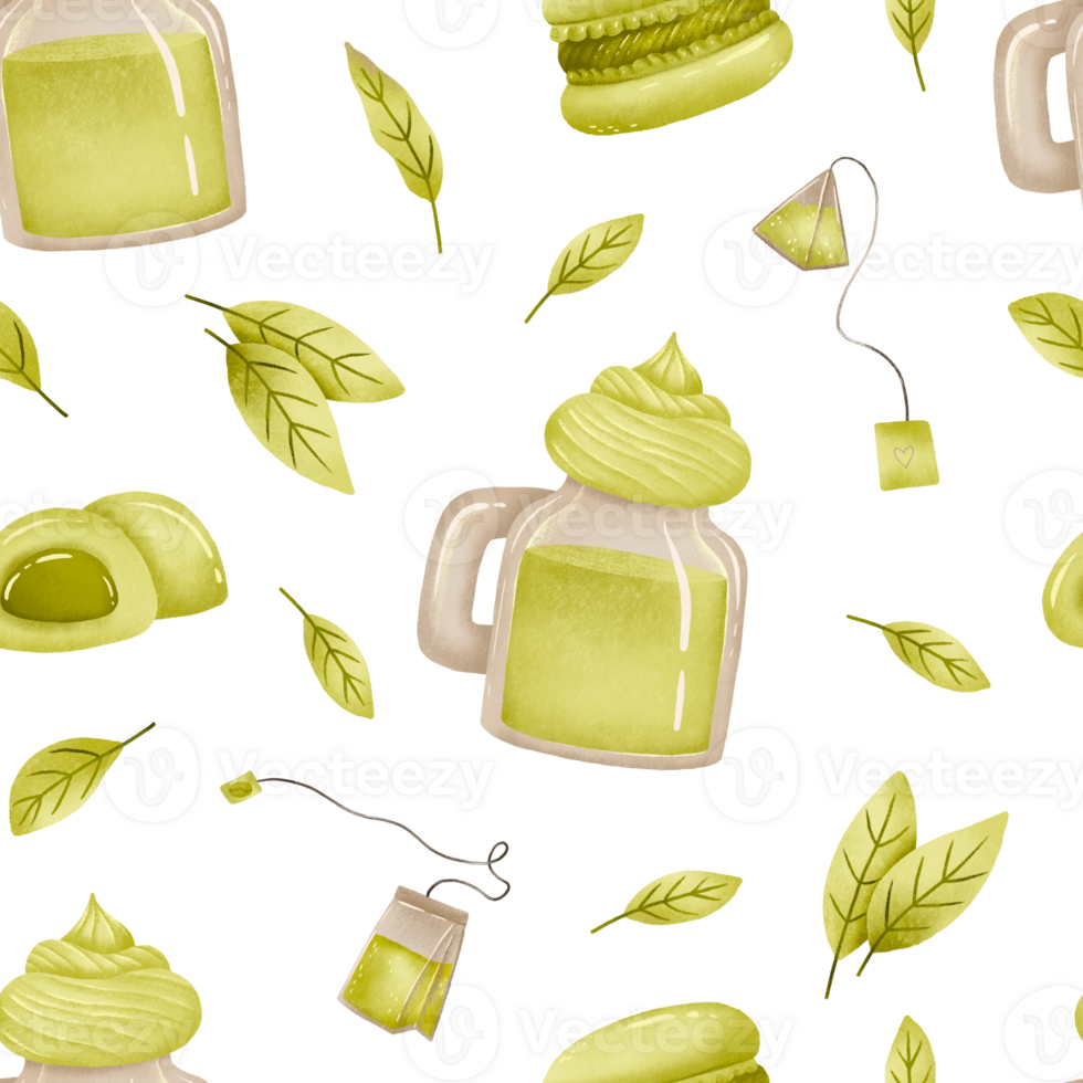 Green tea matcha drinks. Seamless pattern of healthy beverage, matcha latte, ice cream, whisk, kettle, spoon, macaroon, mocci. Endless background. Hand drawn illustration for marketing, package, ads png