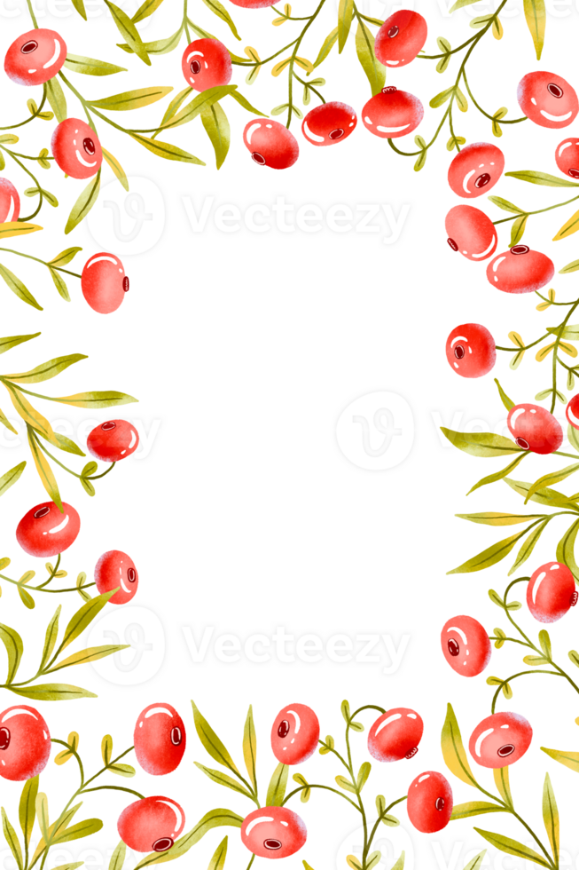 Vertical Border frame botanical composition with red berries and green leaves. Spring decor hand drawn illustration on isolated background png