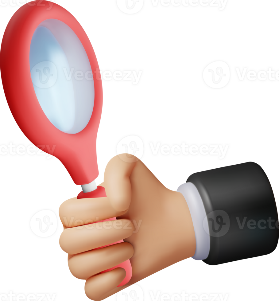 3D red magnifying glass in hand symbol png