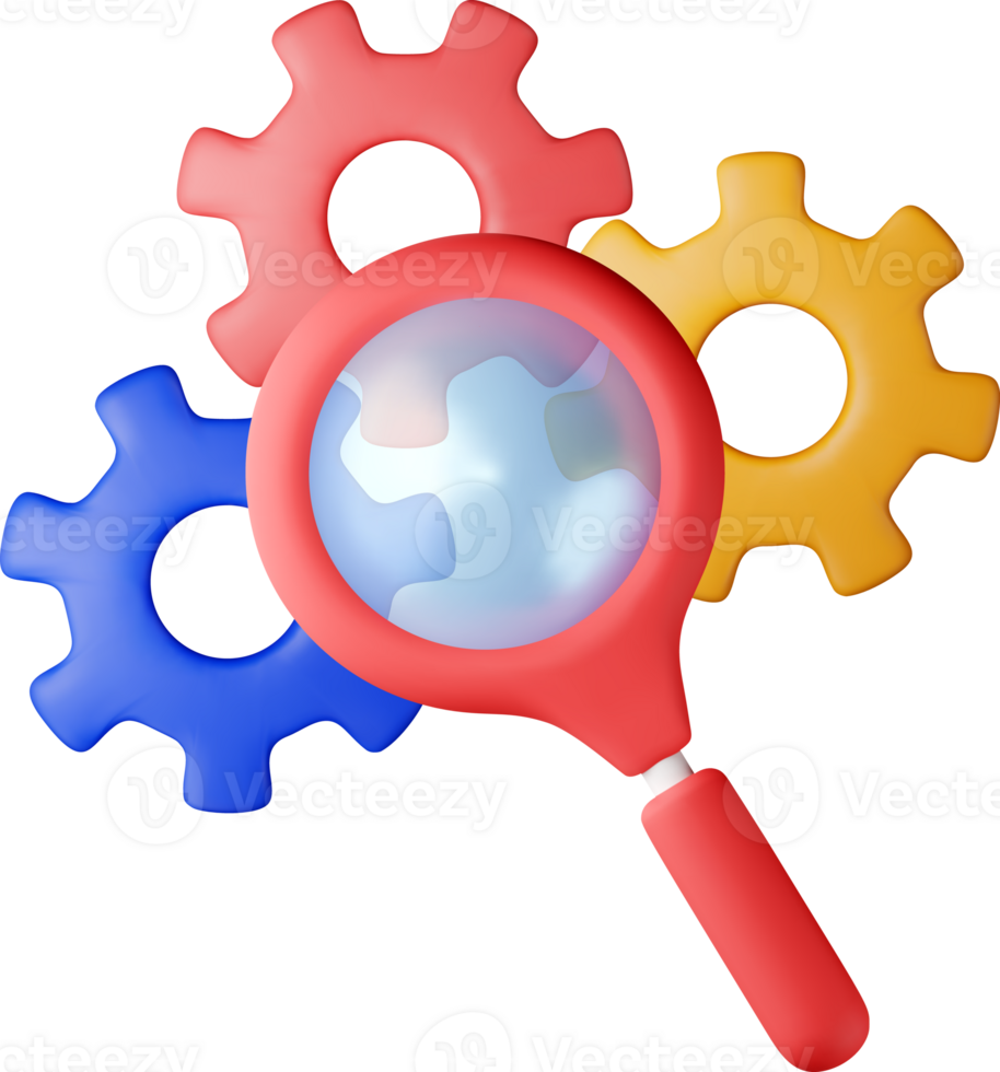 3D cog gears with magnifying glass png