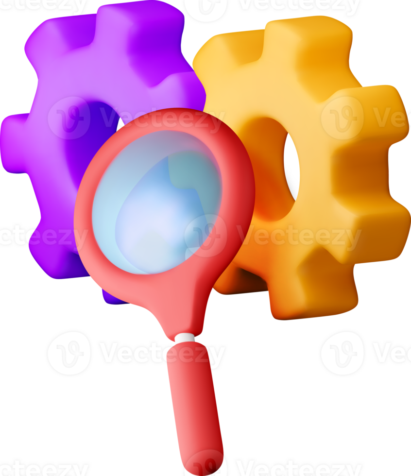 3D cog gears with magnifying glass icon png