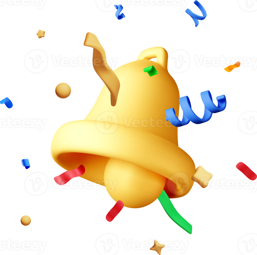 3d golden bell in confetti png