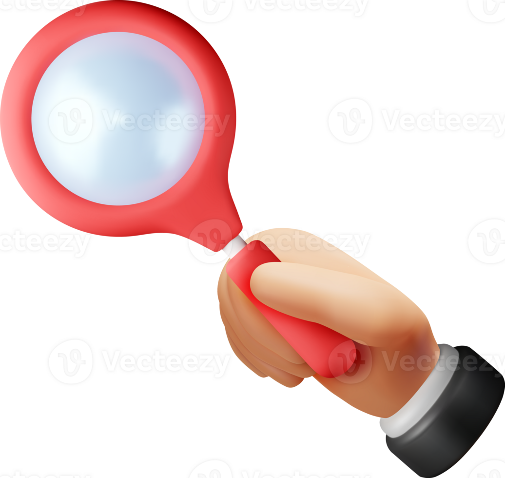 3D red magnifying glass in hand png