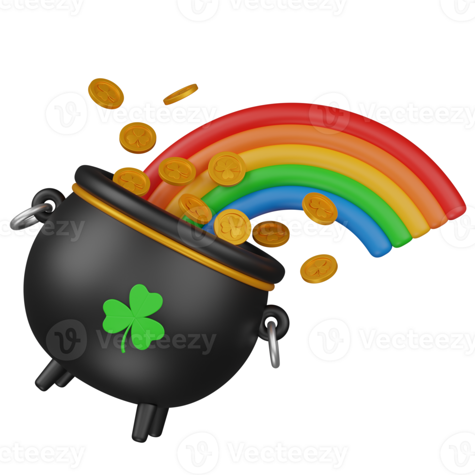 3d render black Cauldron With clover leaf and Rainbow and golden coins out of it illustration png