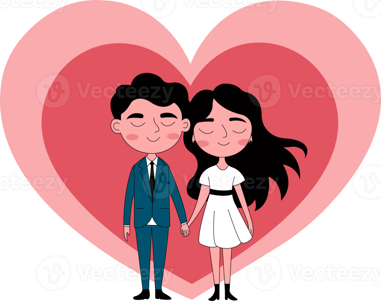 Cartoon couple holding hands in front of a heart png