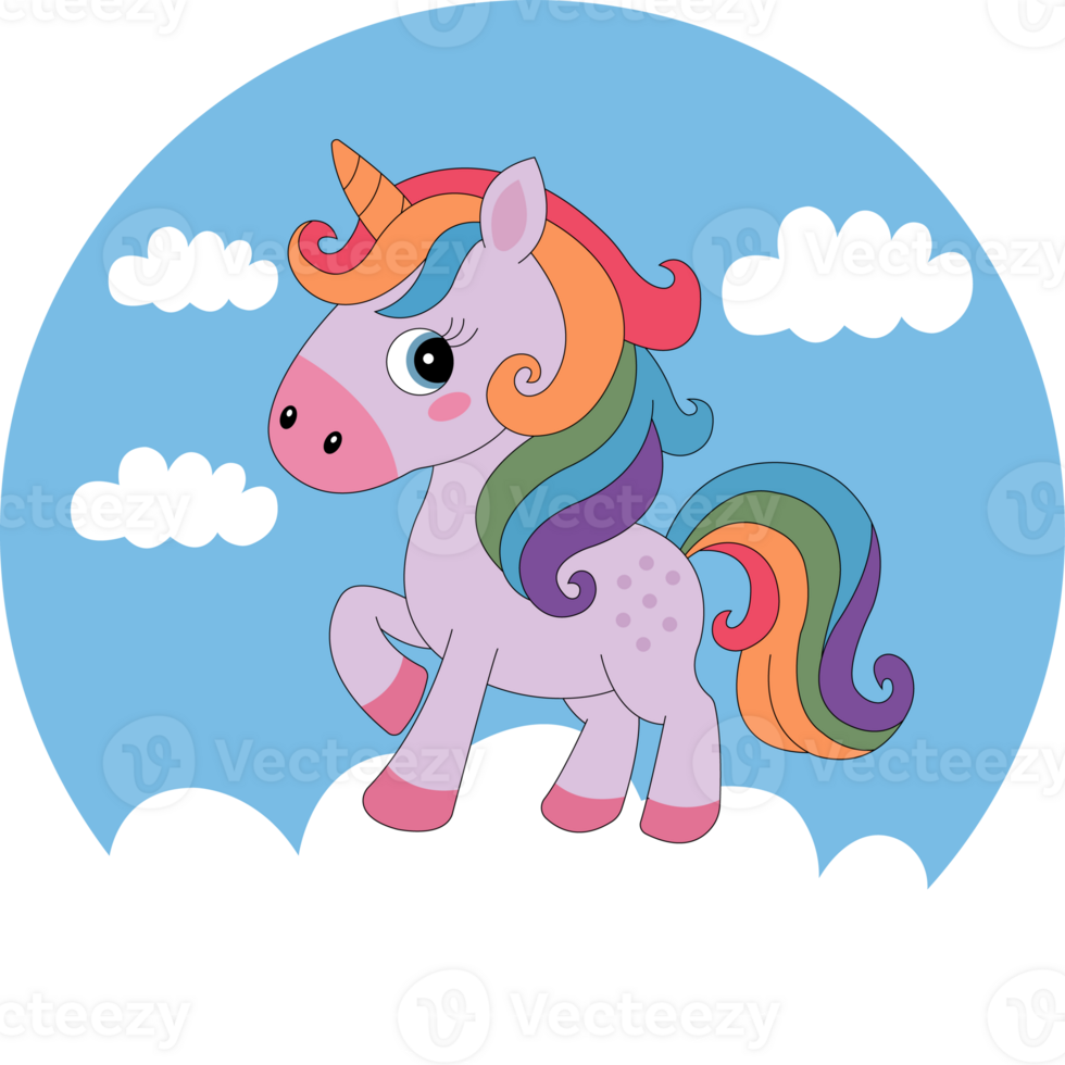 A cartoon unicorn standing on clouds png