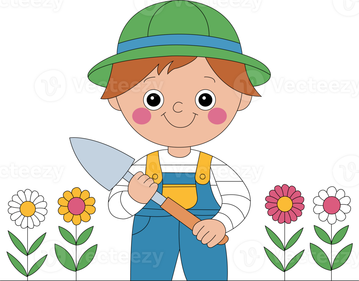 a cartoon boy holding a gardening tool png