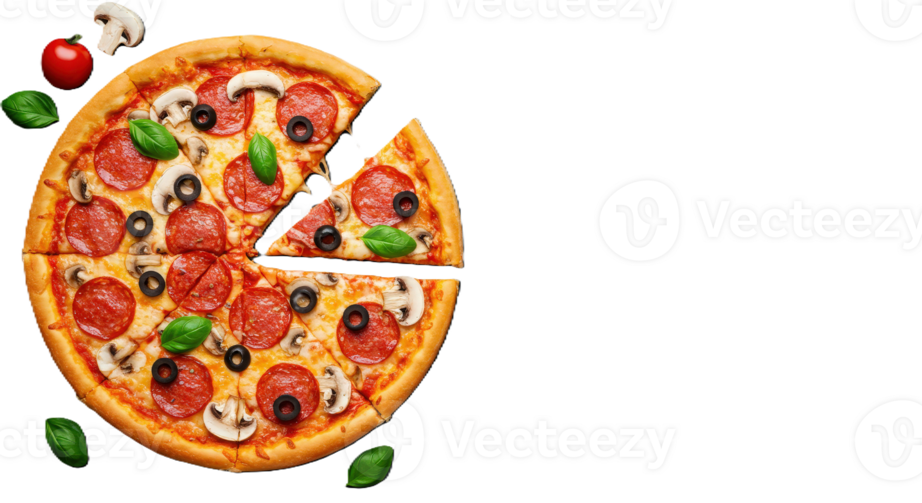 A pizza with pepperoni, olives and mushrooms png