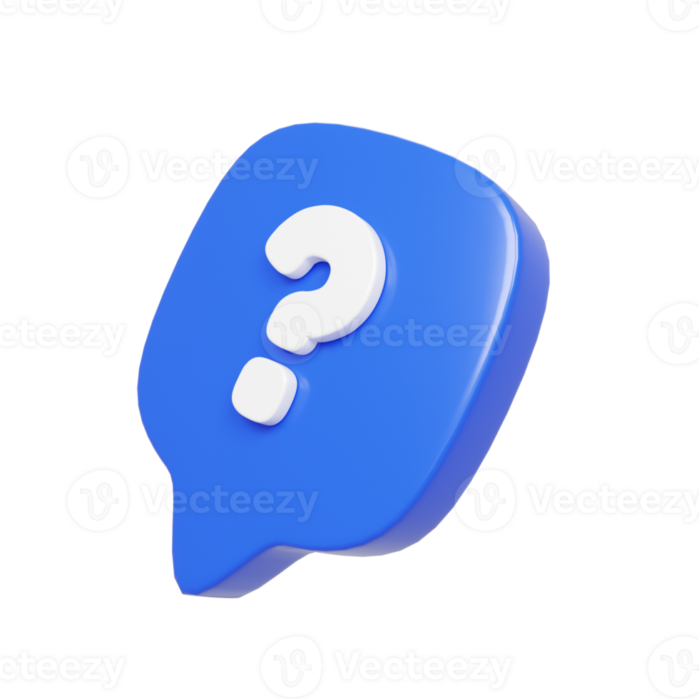 Perspective 3d render chat bubble with question mark icon. FAQ or help support illustration png
