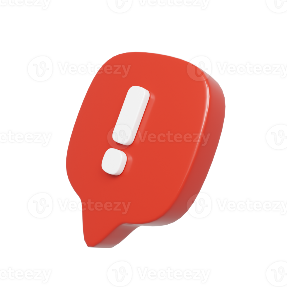 Perspective 3d rendering of red chat bubble with exclamation mark icon illustration png