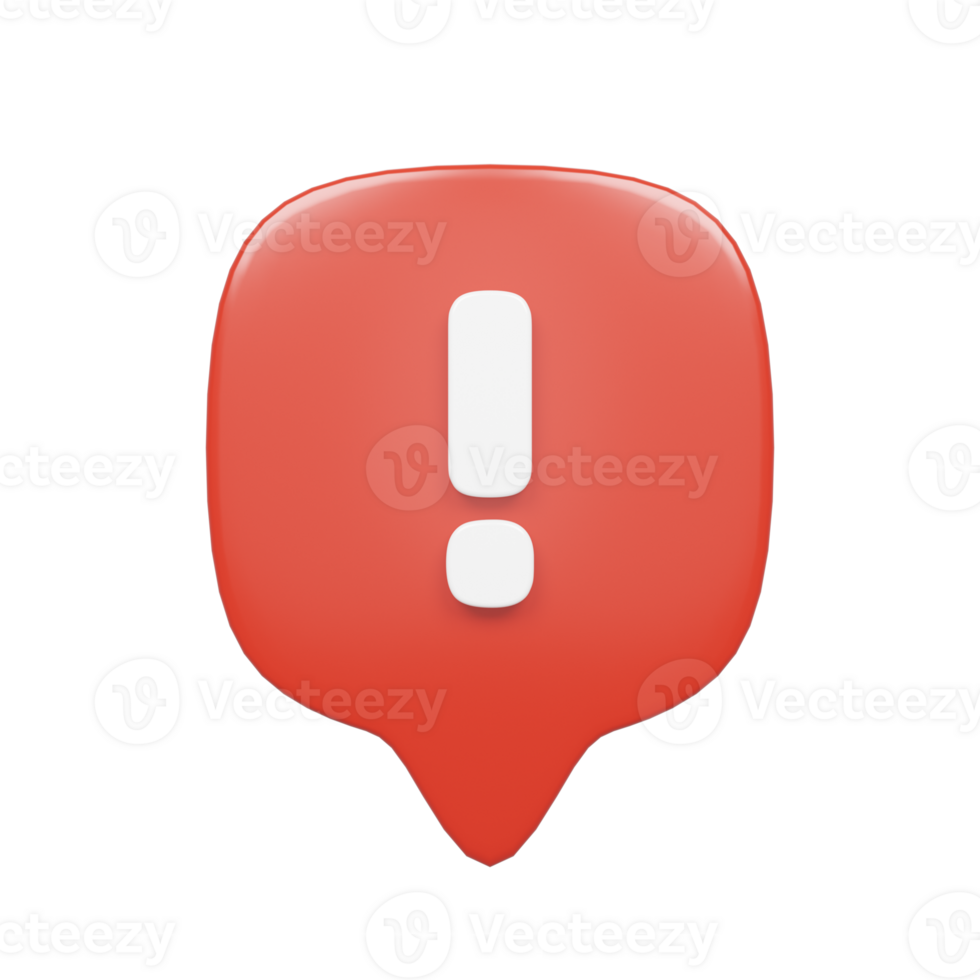 Front views 3d rendering of red chat bubble with exclamation mark icon illustration png