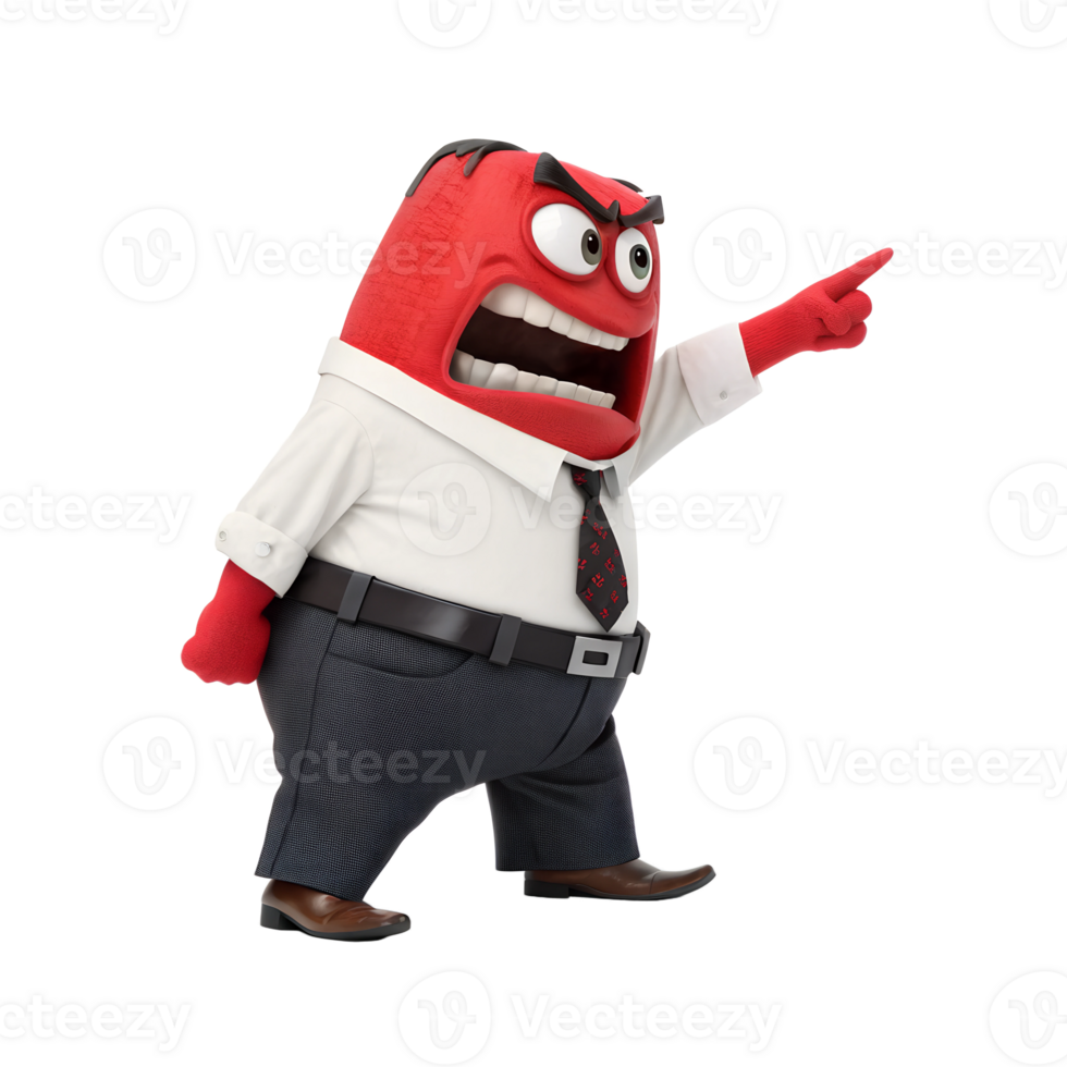 Red cartoon character with a large head and expressive face, wearing a white shirt, black tie, and gray pants png