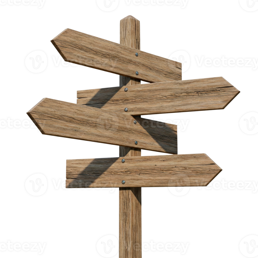 Blank rustic wooden directional sign with four opposite boards cut out png