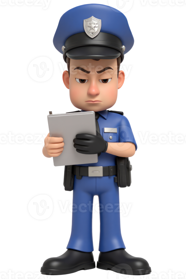 A 3D animated A caucasian man, with short brown hair, wearing a police uniform and black gloves, holding a clipboard, white background png