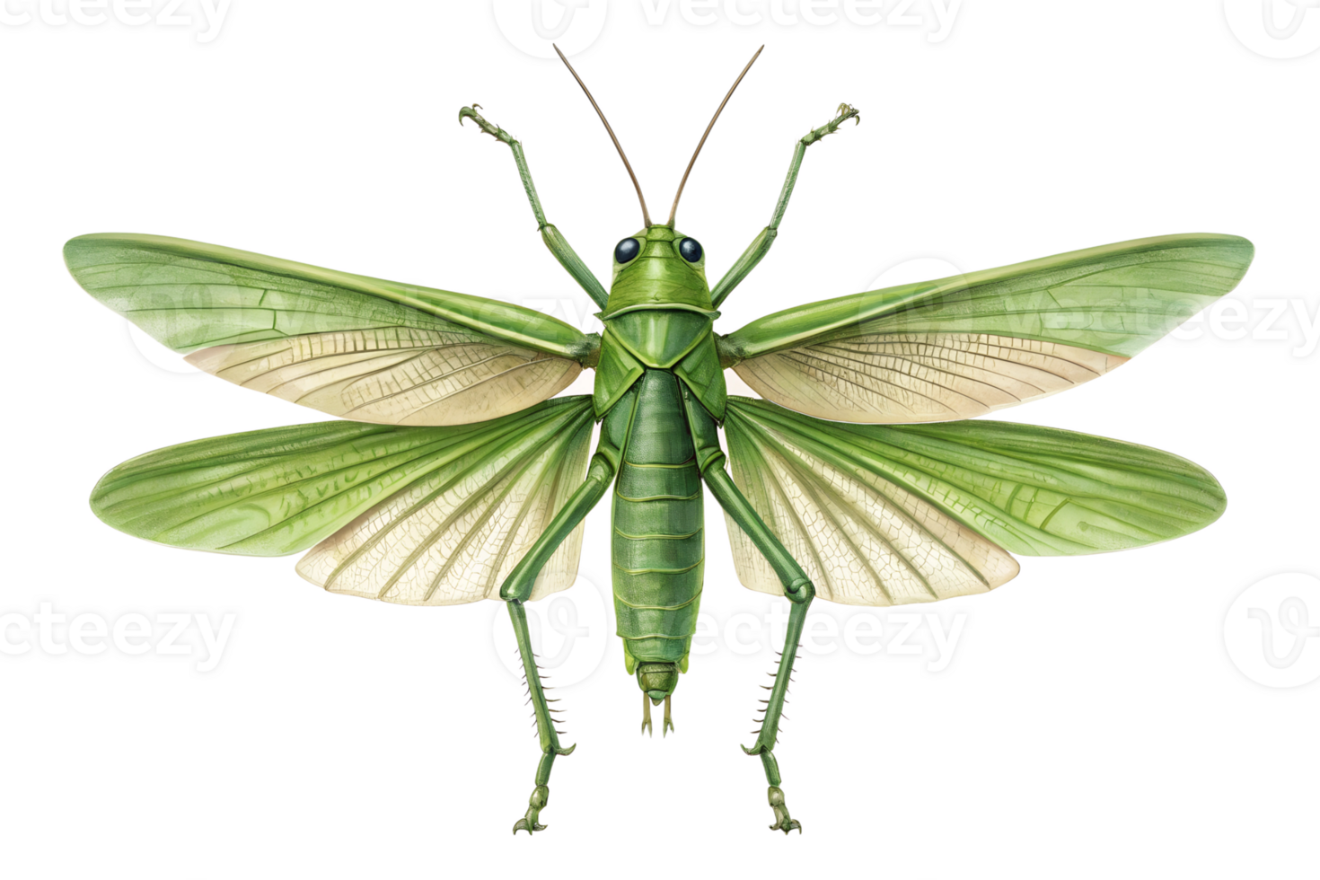 Front view, Green Grasshopper, is spreading its wings and flying, isolated on a transparent background png