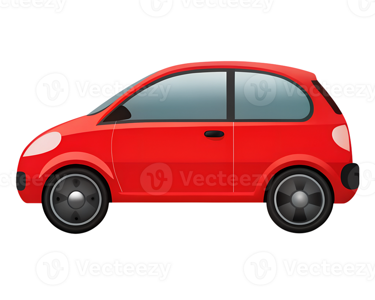 A red compact car with black tires and tinted windows, isolated on a transparent background png