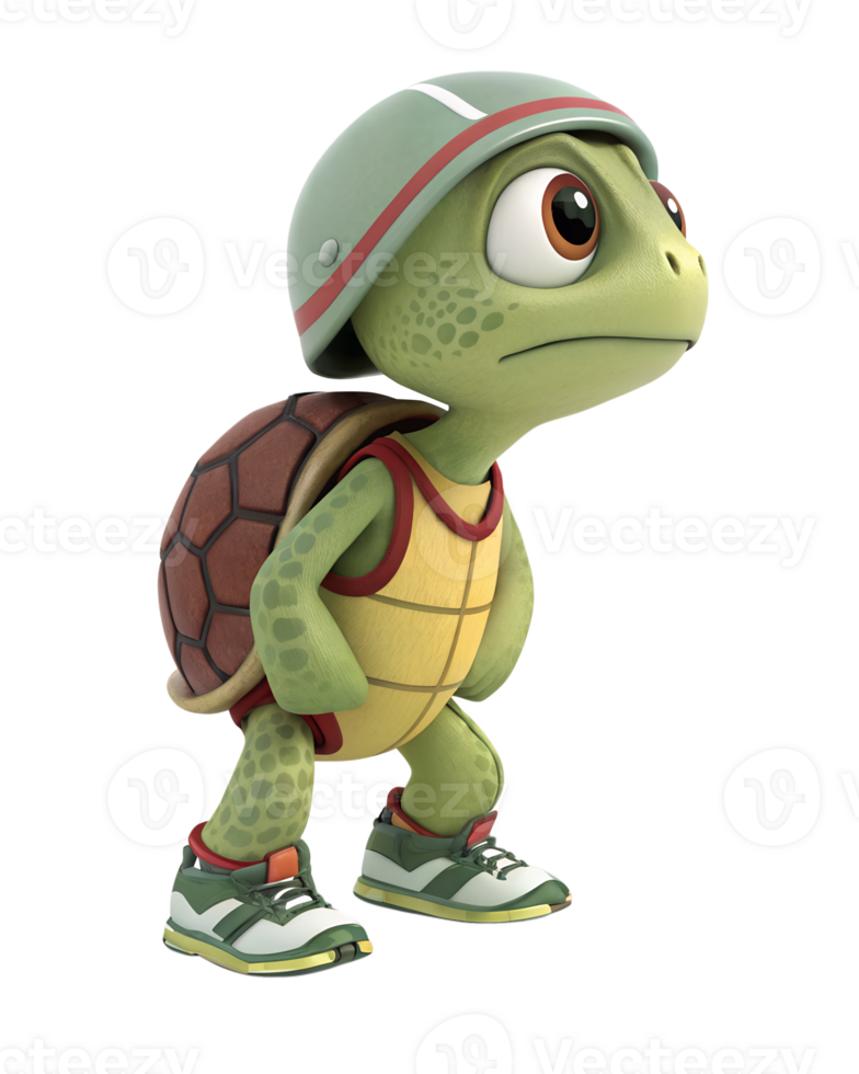 3d style, Cute little turtle in a runner's outfit, with a determined gaze isolated on a transparent background png