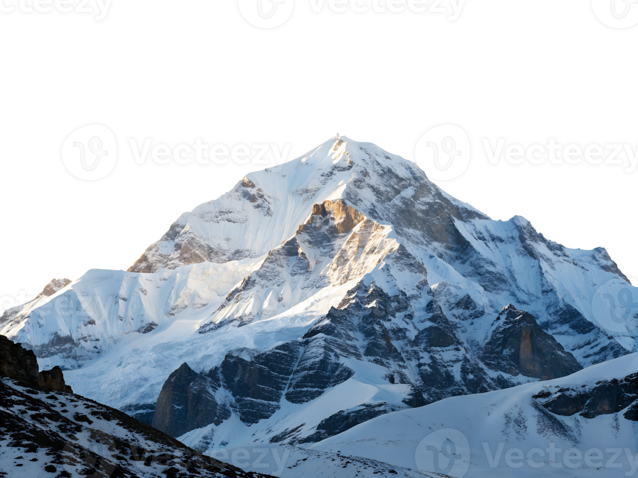 Snowy mountain peak with glaciers and rocks, isolated on a transparent background png