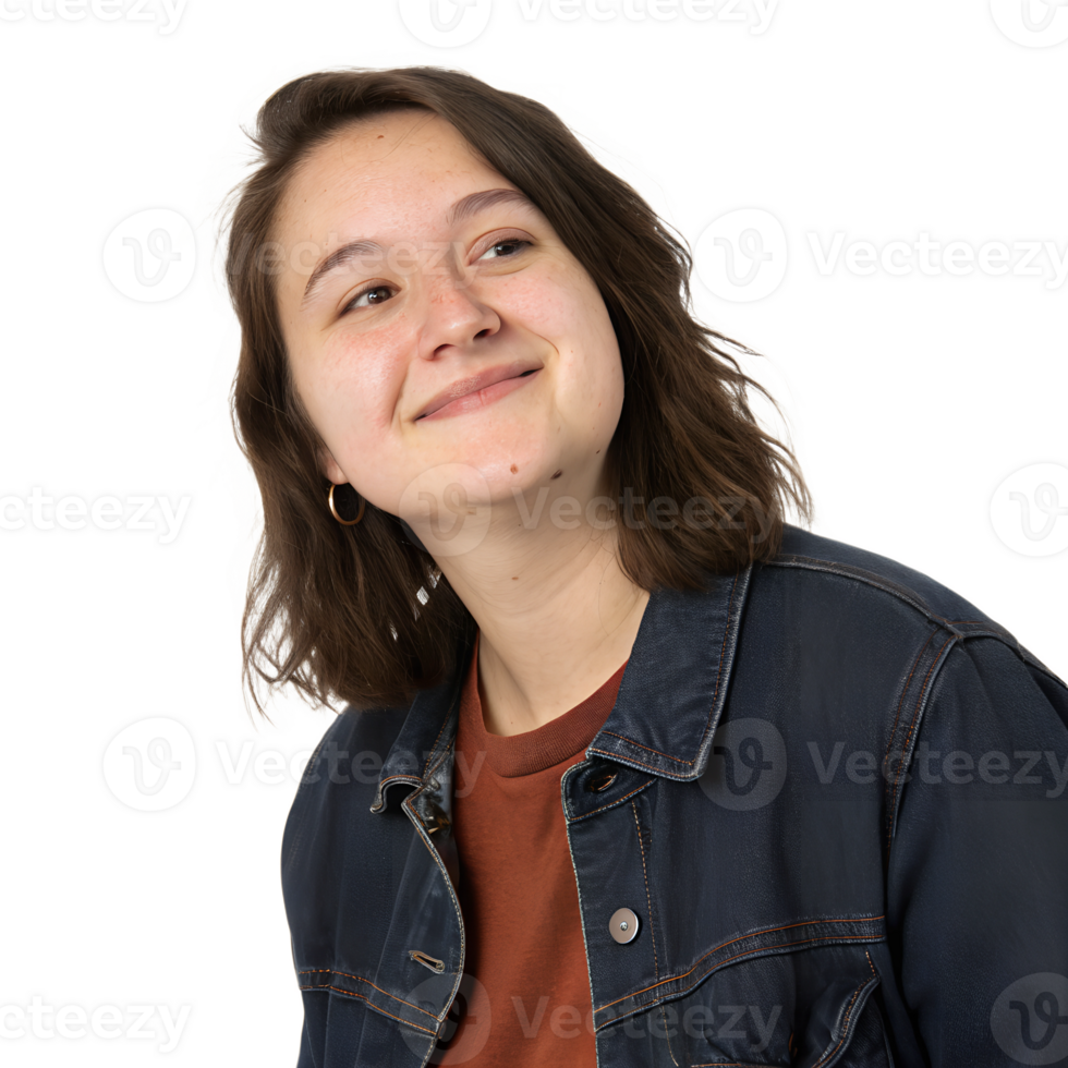 A caucasian woman, 23 years old, brown hair, wearing a blue jacket and a brown t-shirt, looking to the right, in a transparent background png