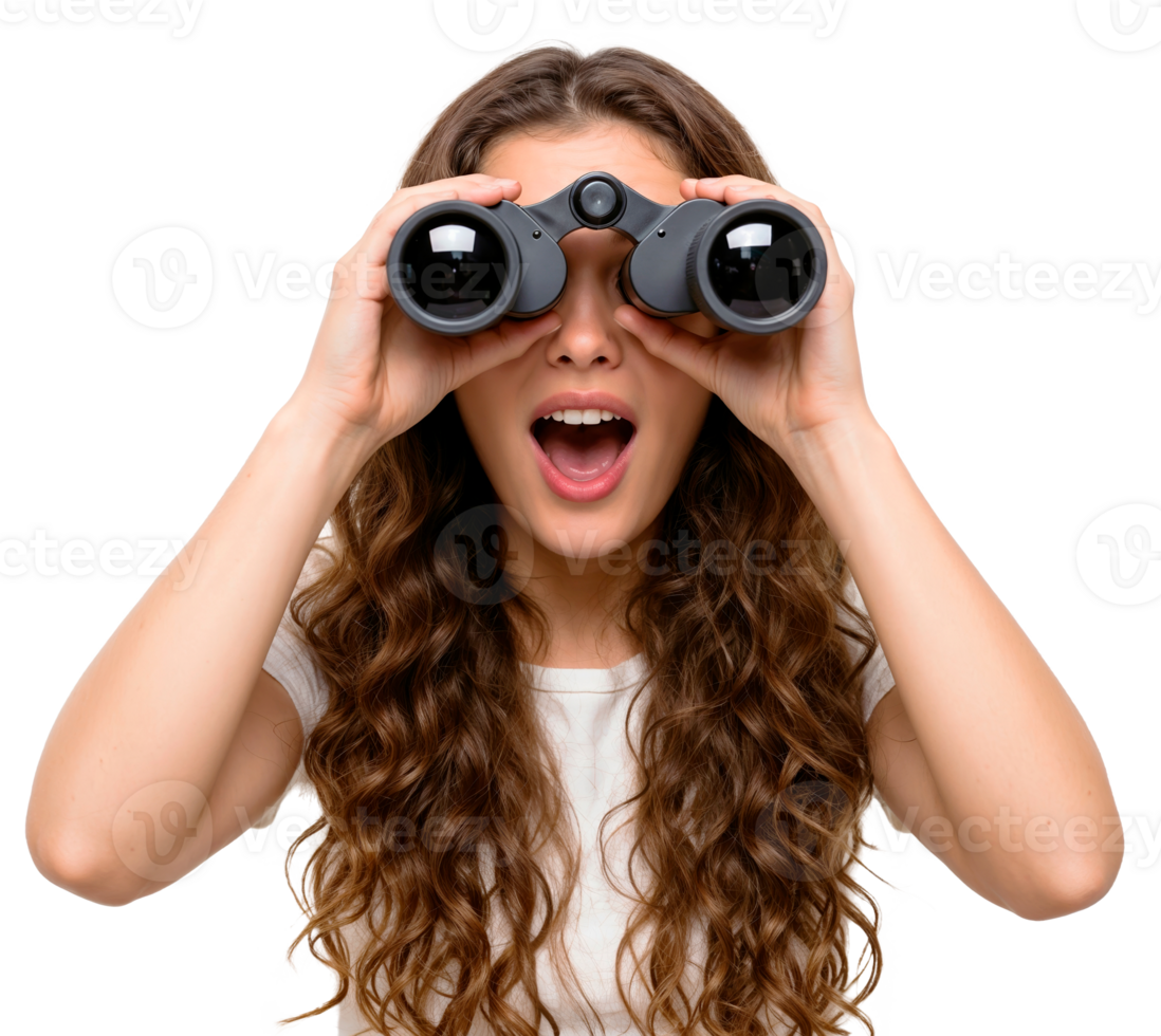 Astonished woman with long curly hair using binoculars with surprised expression cut out png