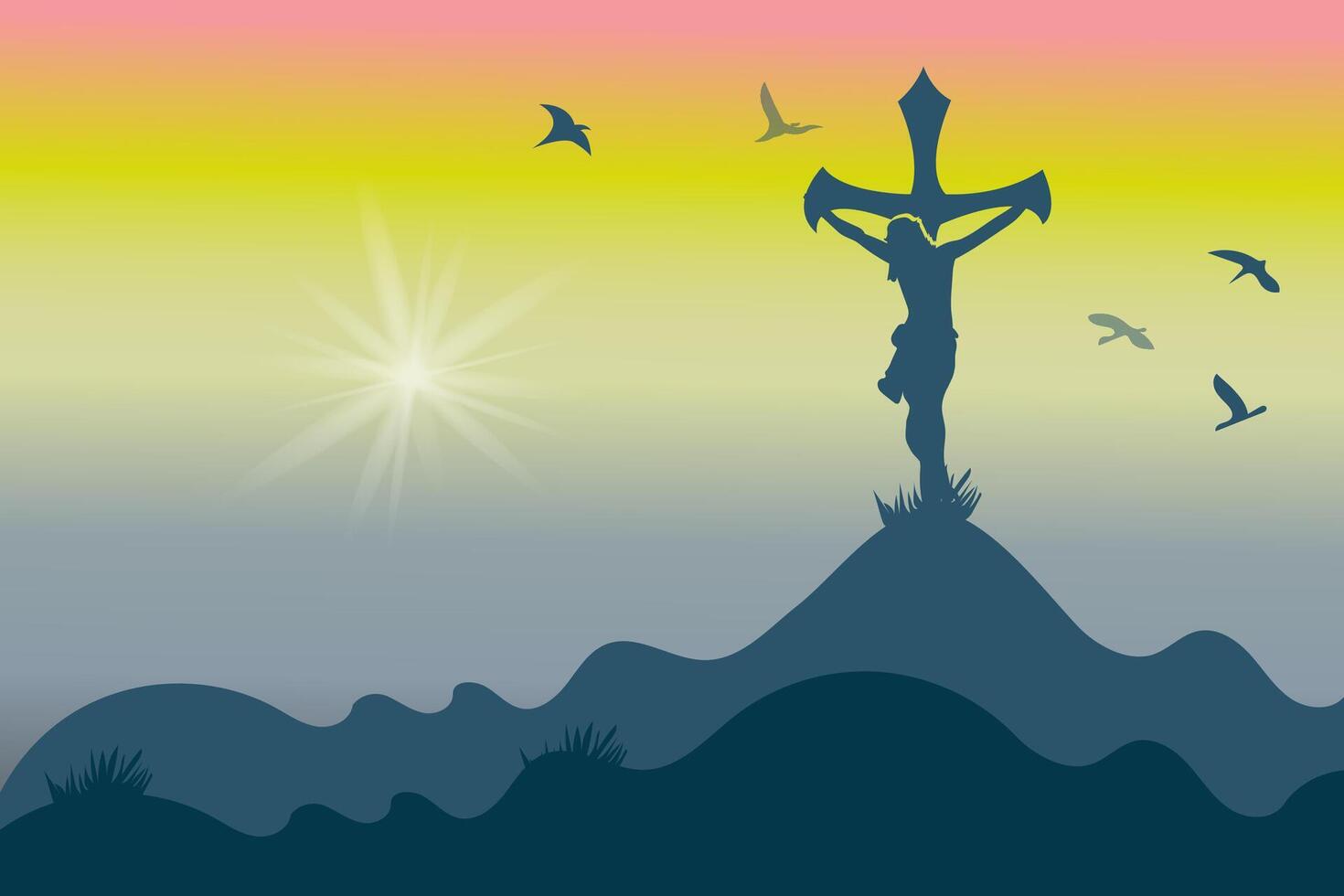 Silhouette of Jesus Christ on Cross, Hilltop Sunrise vector