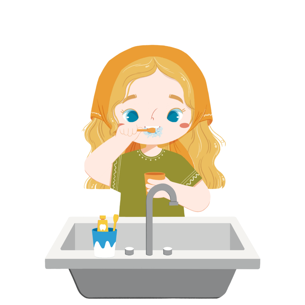 Cute kid brushes her own teeth png