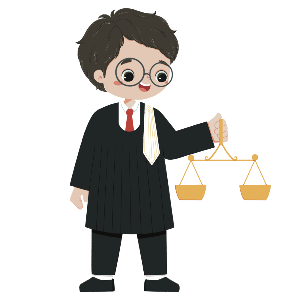 Cute boy in judge costume carrying the balance of justice png