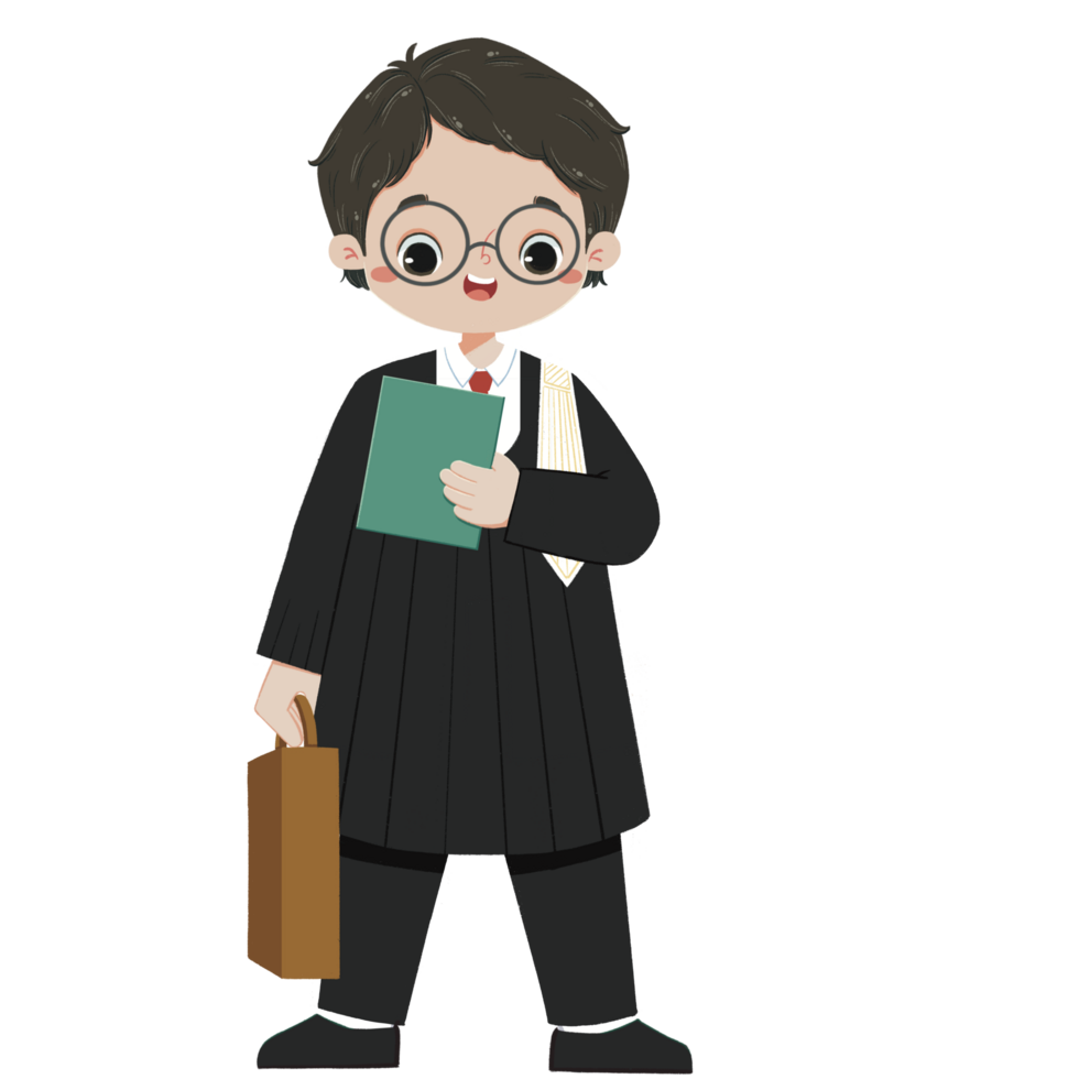 Cheerful kid in lawyer costume holds a paper and suitcase png