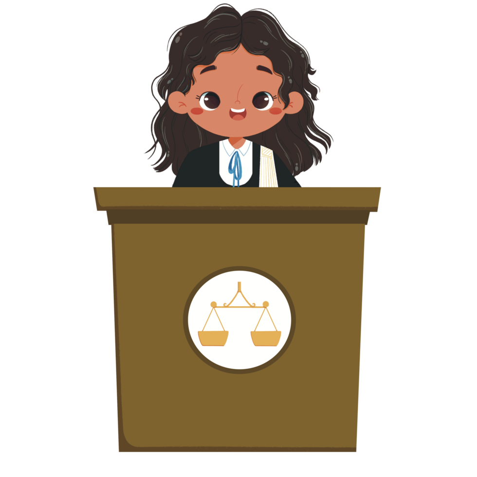Cute Kid talk in judge costume on podium png